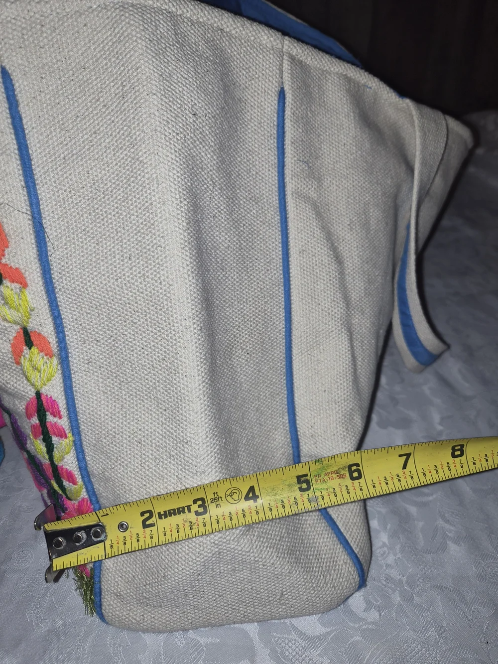 Canvas Floral Embroidered Tote with Colorful Pom-Poms - Unbranded